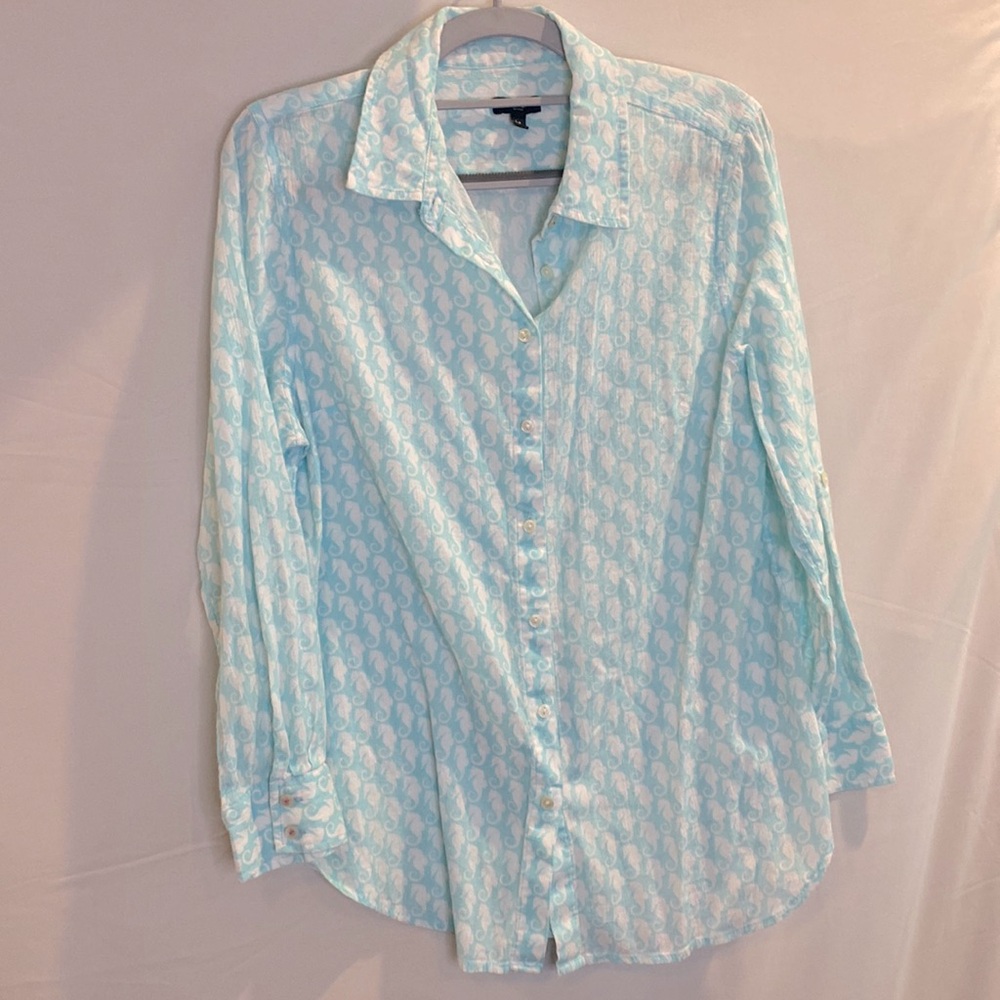 Talbots Light Blue & White Seahorse Cotton Button Up Shirt  Flowy Large Petite